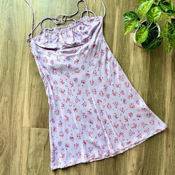 Zara Floral Print Satin Effect Slip Light Mauve Dress Backless Crisscross Size M - Picture 2 of 11